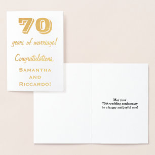Cartão Metalizado Folha de Ouro Aniversário de 70 Anos de Casamento 