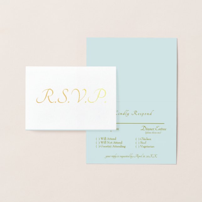 Cartão Metalizado Formal Gold Foil Icy Blue RSVP Wedding (Exibição)