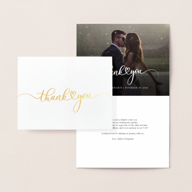 Cartão Metalizado Foto De Casamento Com Letra De Mão Obrigado Dourad (Display)