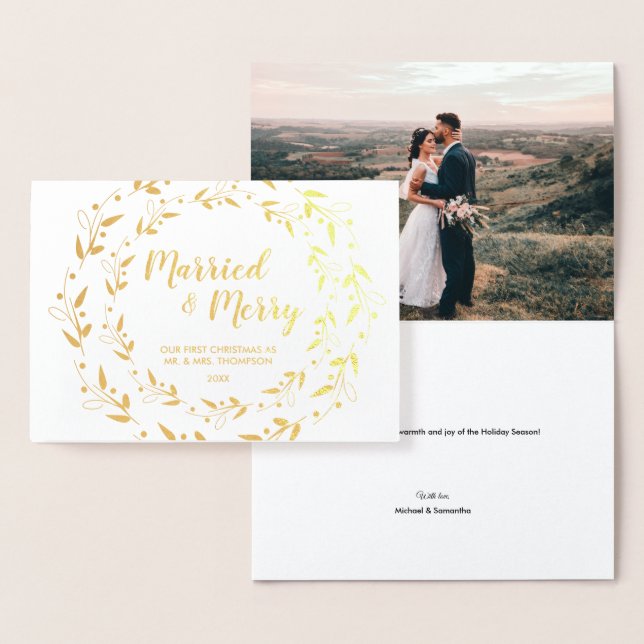 Cartão Metalizado Foto de Casamento de Natal Casado e Feliz (Exibição)