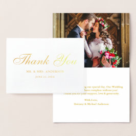 Cartão Metalizado Foto De Casamento De Script Elegante Obrigado Dour