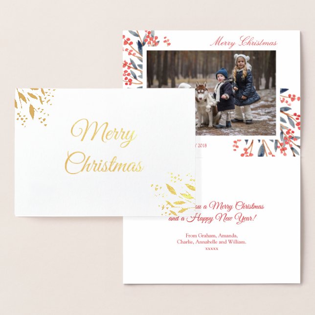 Cartão Metalizado Foto de Natal do Red Berry Foliage (Exibição)