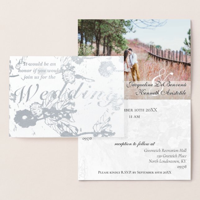 Cartão Metalizado Foto Floral Silver Foil Casamento Cerimônia (Exibição)