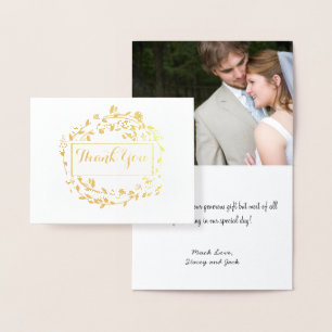 Cartão Metalizado Foto Gold Foil Floral Wreath Casamento Obrigado