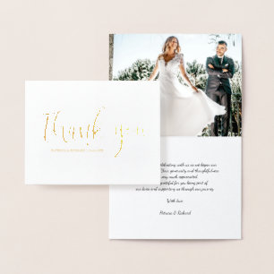 Cartão Metalizado Fotografia Agradecimento de Casamento com Caligraf
