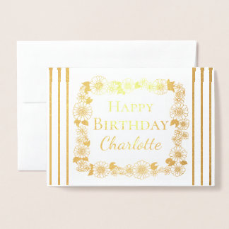 Cartão Metalizado Frame Floral Feliz Aniversário Muito Dourado