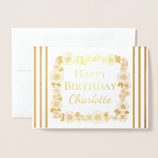 Cartão Metalizado Frame Floral Feliz Aniversário Muito Dourado (Frente com envelope)