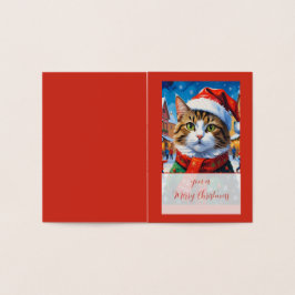Cartão Metalizado Gato de Natal Festivo com Chapéu de Papai Noel