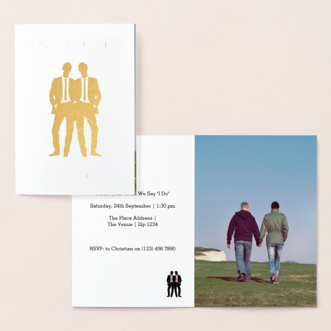 Cartão Metalizado Gay Casamento com dois grupos em Gravatas (Exibição)