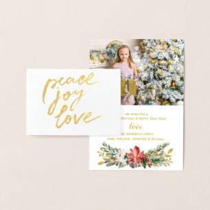 Cartão Metalizado Gold Foil Peace Joy Love Holiday Photo