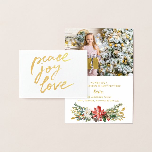 Cartão Metalizado Gold Foil Peace Joy Love Holiday Photo (Exibição)