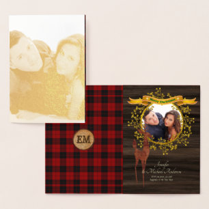 Cartão Metalizado GOLD FOIL Rustic Buffalo Xadrez Stag PHOTO Xmas