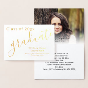 Cartão Metalizado Graduação de Foto Gold Foil em Script Moderno