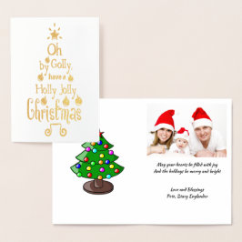 Cartão Metalizado Imagem Dourada da Tipografia de Natal Holly Jolly,