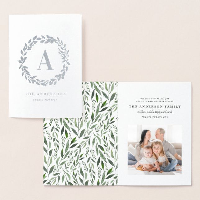 Cartão Metalizado Inicial/monograma da foto da grinalda da aguarela (Exibição)