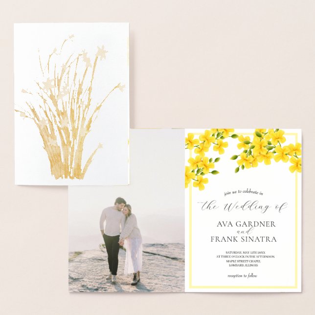 Cartão Metalizado Jardim Floral Amarelo De Aquarela Com Casamento Fo (Exibição)