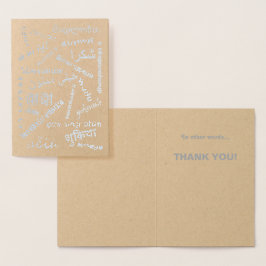 Cartão Metalizado Línguas Multilingues Obrigado Tipografia Silver