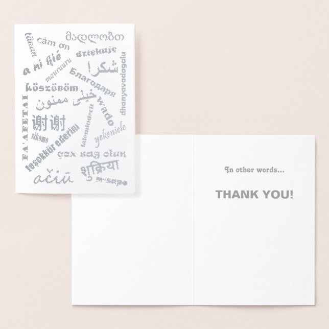 Cartão Metalizado Línguas Multilingues Obrigado Tipografia Silver (Exibição)