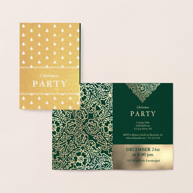 Cartão Metalizado Luxury Gold Foil Green Christmas Party Invitations (Exibição)