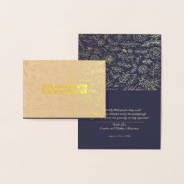 Cartão Metalizado Marinho Azul Dourado Luxo Floral Obrigado Casament