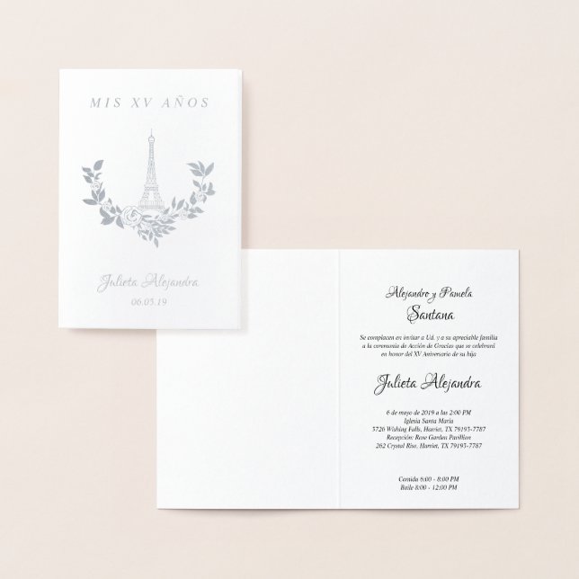 Cartão Metalizado Mis Quince años Diseño Floral París Plata (Exibição)