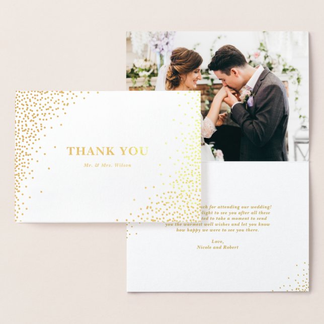 Cartão Metalizado Modern Gold Foil Confetti Dots Casamento Obrigado (Exibição)