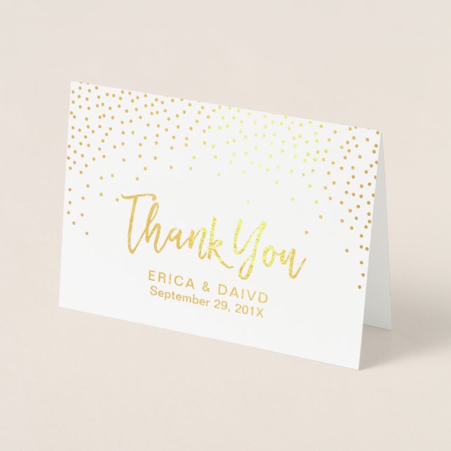 Cartão Metalizado Modern Gold Foil Confetti Dots Casamento Obrigado (Frente)