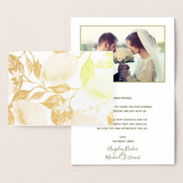 Cartão Metalizado Moderno Dourado Lemon & Leaves Casamento Muito obr