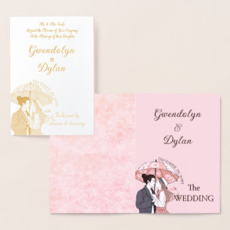Cartão Metalizado Monograma minimalista elegante casal guarda-chuva 