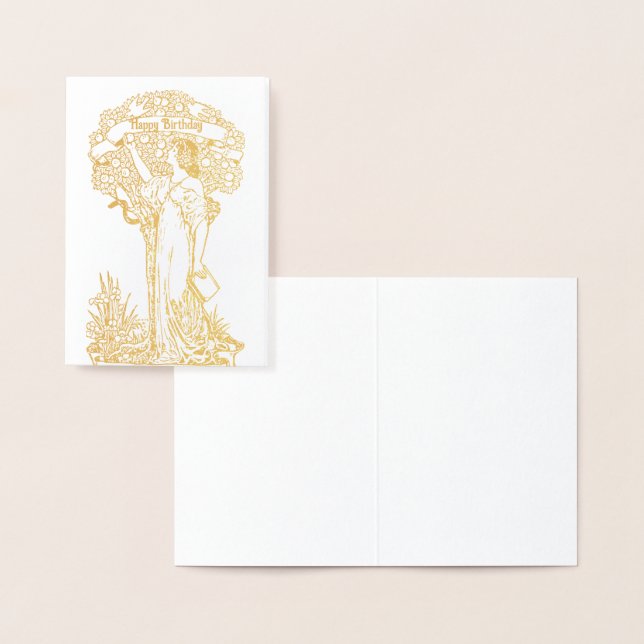 Cartão Metalizado Mulher colhendo maçãs Feliz aniversário (Exibição)