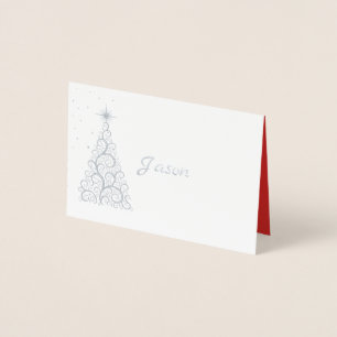 Cartão Metalizado Name Place Card SLVR Árvore de Natal e Estrelas E