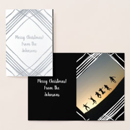 Cartão Metalizado Natal da família de fotos em preto e branco