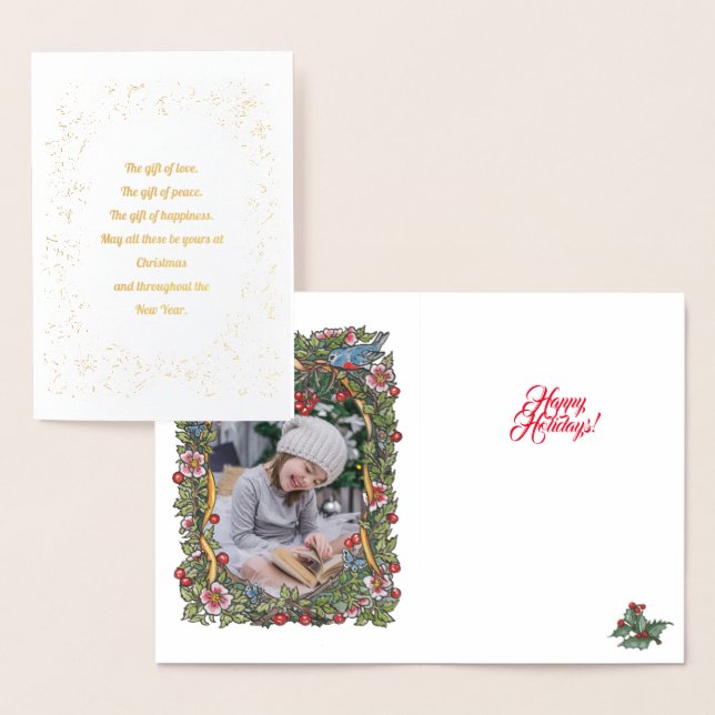 Cartão Metalizado Natal do Pássaro de Férias Douradas Elegante (Exibição)