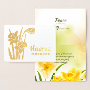 Cartão Metalizado Nowruz Mubarak. Primavera Daffodils Ano Novo Persa