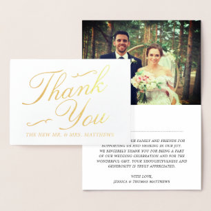 Cartão Metalizado Obrigado elegante do casamento da foto dos