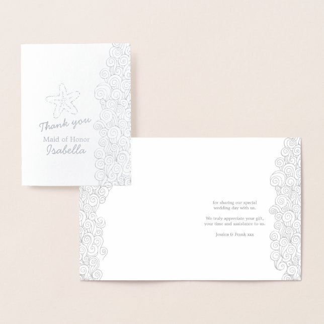 Cartão Metalizado Obrigado metálico de casamento de estrelas-do-mar (Exibição)