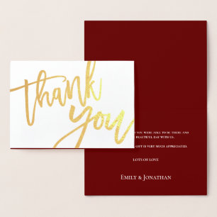 Cartão Metalizado Obrigado Script Wedding Burgundy Dourado