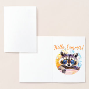 Cartão Metalizado Olá Summer Raccoon em óculos de sol Watercolor
