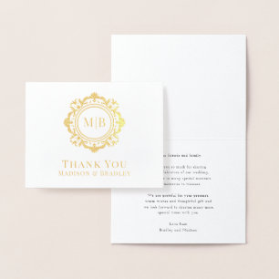 Cartão Metalizado Ornamentado Floral Monograma Casamento Obrigado