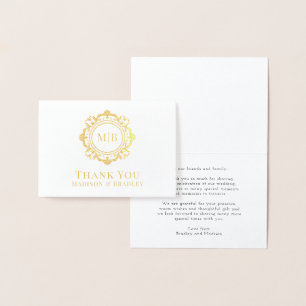 Cartão Metalizado Ornamentado Floral Monograma Casamento Obrigado