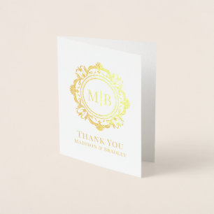 Cartão Metalizado Ornamentado Floral Monograma Casamento Obrigado
