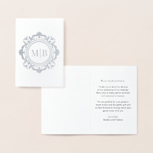 Cartão Metalizado Ornamentado Floral Monograma Casamento Obrigado