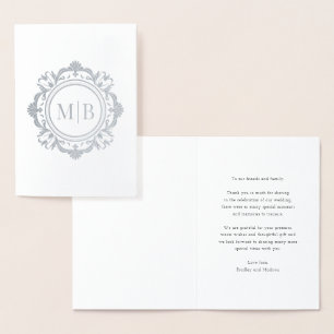 Cartão Metalizado Ornamentado Floral Monograma Casamento Obrigado