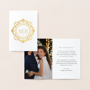 Cartão Metalizado Ornamentado Floral Monograma Casamento Obrigado Fo