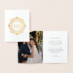 Cartão Metalizado Ornamentado Floral Monograma Casamento Obrigado Fo