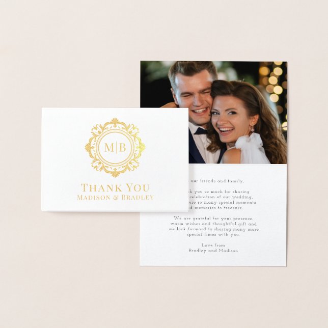 Cartão Metalizado Ornamentado Floral Monograma Casamento Obrigado Fo (Exibição)