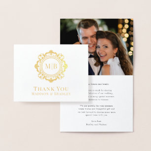 Cartão Metalizado Ornamentado Floral Monograma Casamento Obrigado Fo