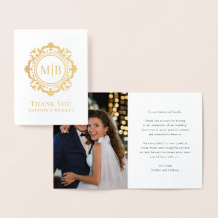 Cartão Metalizado Ornamentado Floral Monograma Casamento Obrigado Fo