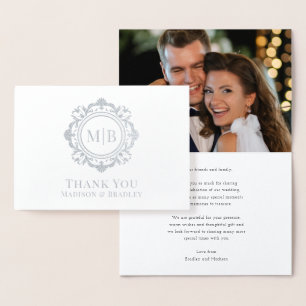 Cartão Metalizado Ornamentado Floral Monograma Casamento Obrigado Fo