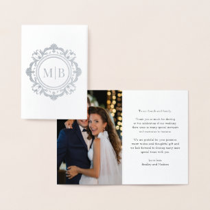 Cartão Metalizado Ornamentado Floral Monograma Casamento Obrigado Fo